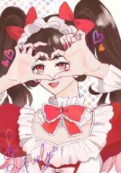  1girl bow bow_button bow_choker bowtie brown_hair choker commentary_request dodora dress eyelashes facial_tattoo frilled_bowtie frilled_choker frilled_dress frilled_wrist_cuffs frills hair_bow happy heart heart_hands_over_eye heart_tattoo highres kohanai_setsuna lipstick long_hair looking_at_viewer maid_headdress makeup nail_polish nikki_(series) open_mouth palms pink_lips polka_dot polka_dot_background puffy_short_sleeves puffy_sleeves red_bow red_bowtie red_dress red_eyes red_nails shining_nikki short_sleeves smile solo tattoo teeth twintails two-tone_dress upper_body upper_teeth_only white_background white_bow white_choker white_dress white_wrist_cuffs wrist_cuffs 