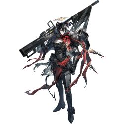  1girl anti-materiel_rifle arknights armor aureola_(arknights) bag belt black_hair broken_horn clip_(weapon) cuirass full_armor full_body gun hair_between_eyes halo highres horns leg_armor official_art over_shoulder rectangular_halo rifle ryuuzaki_ichi short_hair sniper_rifle tachi-e third-party_source torn_clothes transparent_background weapon weapon_over_shoulder 