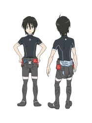  2boys ahoge anime_coloring back black_hair black_shirt blue_eyes chikyuugai_shounen_shoujo child closed_mouth from_behind frown full_body grey_jumpsuit hair_between_eyes hands_on_own_hips highres jumpsuit looking_at_viewer multiple_boys multiple_views official_art open_hands sagami_touya shirt short_hair short_sleeves simple_background spacesuit standing transparent_background turtleneck turtleneck_shirt yoshida_ken&#039;ichi 