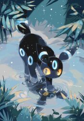  alternate_color colored_sclera highres leaf merino_(merino_9999) no_humans pokemon pokemon_(creature) pokemon_focus reflection shiny_pokemon standing standing_on_liquid umbreon walking walking_on_liquid water yellow_sclera 