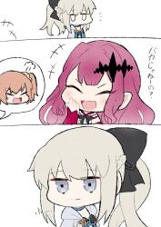  3girls amagi_o_o baobhan_sith_(fate) baobhan_sith_(first_ascension)_(fate) black_bow bow braid fate/grand_order fate_(series) fujimaru_ritsuka_(female) hair_between_eyes hair_bow half_up_braid highres laughing long_hair long_sleeves morgan_le_fay_(fate) morgan_le_fay_(second_ascension)_(fate) mother_and_daughter multiple_girls open_mouth orange_hair pink_hair pointy_ears ponytail short_hair simple_background smile very_long_hair white_background white_hair 