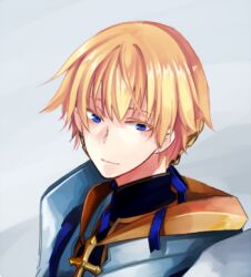  1boy armor black_shirt blonde_hair blue_eyes breastplate closed_mouth commentary_request cross grey_background looking_at_viewer lowres male_focus portrait ragnarok_online royal_guard_(ragnarok_online) shirt short_hair smile solo wane_(ruki) 