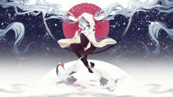  1girl 1other bird black_skirt black_thighhighs chihaya_(clothing) closed_eyes crane_(animal) hatsune_miku highres japanese_clothes kasoku_ac long_hair long_sleeves miko rabbit rabbit_yukine skirt thigh-highs twintails very_long_hair vocaloid wide_sleeves yuki_miku yuki_miku_(2018) 