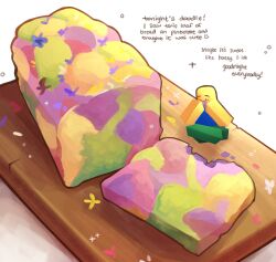  1other animal_print bite_mark bread bread_slice butterfly_print commentary cutting_board eating english_commentary english_text food food_focus highres himochuu loaf_of_bread mini_person painterly roblox sitting 