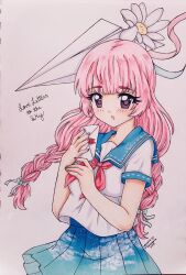  1girl 2019 :o absurdres bare_arms blue_bow blue_sailor_collar blue_skirt bow braid breasts brown_eyes character_name commentary cowboy_shot daisy_(flower) english_commentary envelope eyelashes floating_clothes flower hair_bow heart high-waist_skirt highres holding holding_envelope loaf long_hair looking_ahead love_letter love_letters_to_the_sky_(miracle_nikki) low_twin_braids medium_breasts miniskirt miracle_nikki neckerchief nikki_(series) open_mouth paper_airplane pink_hair pleated_skirt red_neckerchief ribbon-trimmed_collar ribbon-trimmed_sleeves ribbon_trim sailor_collar school_uniform serafuku shirt short_sleeves signature skirt sky_print solo standing traditional_media twin_braids very_long_hair white_flower white_shirt wind yamisaan 