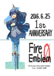  1boy anniversary artist_name balancing blue_eyes blue_hair commentary_request company_name copyright_name falchion_(fire_emblem) fire_emblem fire_emblem:_mystery_of_the_emblem fire_emblem_cipher hakama hakama_pants izuka_daisuke japanese_clothes male_focus marth_(fire_emblem) official_art pants second-party_source short_hair solo standing standing_on_one_leg sword tiara weapon 