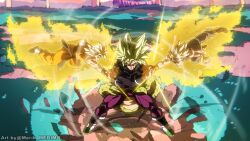  3boys absurdres artist_name aura battle black_bodysuit black_shirt blonde_hair bodysuit broly_(dragon_ball_super) clenched_hands dougi dragon_ball dragon_ball_super full_body green_hair grey_pants highres legendary_super_saiyan long_hair male_focus medium_hair merik_(merimo) midair multiple_boys muscular muscular_male orange_pants orange_shirt pants punching purple_pants shirt short_hair skin_tight son_goten spiky_hair super_saiyan super_saiyan_1 surprised trunks_(dragon_ball) 