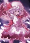  ascot bat_wings blue_hair dress face fang hands hat highres outstretched_arm outstretched_hand red_eyes remilia_scarlet short_hair sing_(artist) smile solo touhou wings 