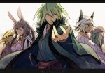  2girls animal_ears blonde_hair breasts bunny_ears bust cape ebira fur_trim green_eyes green_hair letterboxed long_hair monster multiple_boys multiple_girls old outstretched_hand pixiv_fantasia pixiv_fantasia_5 short_hair sword turban weapon yellow_eyes 