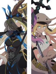  2girls artoria_caster_(fate) artoria_caster_(first_ascension)_(fate) artoria_pendragon_(fate) black_dress black_gloves blonde_hair blue_eyes braid crown dress fate/grand_order fate_(series) gloves green_eyes hair_between_eyes half_up_braid hat holding holding_polearm holding_staff holding_weapon kukura long_hair long_sleeves looking_at_viewer morgan_le_fay_(fate) morgan_le_fay_(queen_of_winter)_(fate) multiple_girls polearm ponytail simple_background spikes staff two-tone_dress veil very_long_hair weapon 