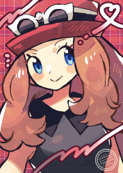  1girl anidler91 black_shirt blonde_hair blue_eyes closed_mouth eyelashes eyewear_on_headwear grid_background hat highres long_hair looking_at_viewer pokemon pokemon_xy red_hat serena_(pokemon) shirt sleeveless sleeveless_shirt smile solo sunglasses upper_body 