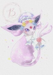  baya_(sakura_mint) blush bonnet bow closed_mouth espeon espeon_(botanical_easter) flower forehead_jewel forked_tail hat highres no_humans pokemon pokemon_(creature) pokemon_focus rose simple_background smile solo tail tail_bow tail_ornament violet_eyes white_bow 