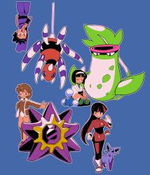  4girls ariados black_hair boots brown_jacket commentary_request erika_(pokemon) espeon gloves hairband hanging highres jacket janine_(pokemon) japanese_clothes jumpluff kimono long_sleeves misty_(pokemon) multiple_girls one-piece_swimsuit open_clothes open_jacket outline poke_ball poke_ball_(basic) pokemon pokemon_(creature) pokemon_gsc purple_scarf sabrina_(pokemon) sash scarf sitting skirt standing starmie swimsuit tyako_089 upside-down victreebel white_boots white_gloves 