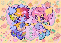  2girls alternate_costume animal_ears aqua_eyes blue_fur bow braid braided_ponytail chibi chibi_only couple crown_braid dress fluttershy furry furry_female furry_with_furry hair_bow hashtag-only_commentary heart highres holding_hands horse_ears long_hair multicolored_hair multiple_girls my_little_pony my_little_pony:_friendship_is_magic open_mouth personification pink_hair rainbow_dash rainbow_hair red_eyes shoes short_hair very_long_hair wings yanyannonoz yuri 