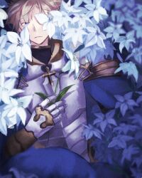 1boy armor blonde_hair blue_cape blue_eyes breastplate cape closed_mouth expressionless flower gauntlets holding holding_flower looking_at_viewer male_focus official_alternate_costume pauldrons ragnarok_online royal_guard_(ragnarok_online) short_hair shoulder_armor solo upper_body wane_(ruki) white_flower 