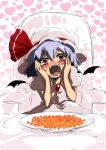 1girl bat_wings blue_hair blush caviar dress fangs food hands_on_own_face harusame_(unmei_no_ikasumi) hat heart heart_background open_mouth plate red_eyes remilia_scarlet ribbon saliva short_hair sitting smile solo sparkle touhou wings 
