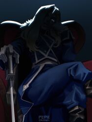  1girl amestris_military_uniform blonde_hair blue_eyes blue_pants crossed_legs face_in_shadow fullmetal_alchemist gloves hair_over_one_eye highres lips long_hair military military_uniform olivier_mira_armstrong pants pepedraws sitting solo white_gloves 