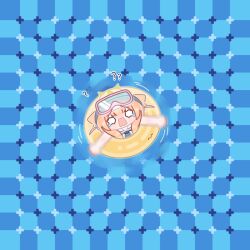  1girl ? absurdres animal_ears black_necktie blue_archive blunt_bangs blush bow checkered_background chibi diving_mask diving_mask_on_head from_above goggles goggles_on_head hair_bow halo highres horuhara looking_up mari_(blue_archive) motion_blur necktie no_nose nose_blush open_mouth optical_illusion orange_hair pink_bow primrose_field_illusion sailor_collar solo swim_ring two_side_up water wavy_mouth white_sailor_collar yellow_halo 