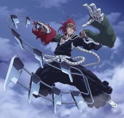  1boy abarai_renji absurdres arm_blade bandana bankai black_hakama black_kimono bleach bleach:_sennen_kessen-hen bone chest_tattoo clenched_teeth clouds collarbone extra_arms forehead_tattoo full_body fur_trim green_fur hakama highres japanese_clothes kimono looking_at_viewer midair obi ponytail red_fur red_hair sash shihakusho sideburns sky socks solo sonzhondaya souou_zabimaru_(bankai) tabi tattoo teeth waraji weapon whip_sword white_sash white_socks 