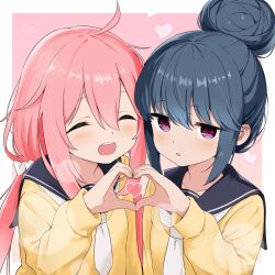 2girls :d ^_^ ahoge azumawari_(azumofu) blue_hair blue_sailor_collar border closed_eyes commentary_request dot_nose double-parted_bangs expressionless hair_bun heart heart_hands heart_hands_duo highres jitome kagamihara_nadeshiko light_blush long_hair long_sleeves looking_at_viewer low_twintails motosu_school_uniform multiple_girls neckerchief outside_border parted_lips pink_background pink_hair sailor_collar school_uniform scrunchie serafuku shima_rin short_hair sidelocks simple_background smile sweater teeth twintails upper_body upper_teeth_only violet_eyes white_border white_neckerchief white_scrunchie yellow_sweater yurucamp 