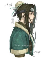  1boy artist_name artistdkt brown_eyes character_name eyelashes forehead_protector from_side girly_boy haku_(naruto) highres japanese_clothes kimono kirigakure_symbol lips long_hair male_focus naruto_(classic) naruto_(series) nose sidelocks solo 