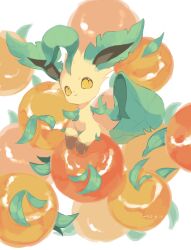  brown_eyes commentary food fruit highres leafeon merino_(merino_9999) no_humans orange_(fruit) pokemon pokemon_(creature) pokemon_focus simple_background smile solo symbol-only_commentary white_background 