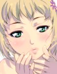  bad_id bare_shoulders blonde_hair blush close-up face flower green_eyes hair_ornament hairclip hands huang_baoling lips lipstick masao parted_lips short_hair solo tiger_&amp;_bunny 