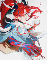  1boy absurdres arknights beads blue_hair chinese_commentary chopsticks closed_mouth colored_extremities commentary_request drop_shadow earrings grey_background grey_jacket hair_between_eyes hair_intakes high_ponytail highres holding holding_chopsticks horns jacket jewelry light_smile long_hair looking_at_viewer luo29541090 male_focus multicolored_hair pointy_ears ponytail red_hair solo streaked_hair watermark weibo_watermark wide_sleeves yellow_eyes yu_(arknights) zipper 