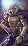  abs absurdres bracelet cape final_fantasy final_fantasy_iv final_fantasy_iv_the_after full_moon golbeza highres jewelry lips long_hair male moon moreshan nipples purple_eyes solo sword topless violet_eyes weapon white_hair 