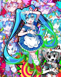  1girl black_mouth blue_hair dress drill_hair gloves hat hatsune_miku highres kyuubi_mika long_hair maid mesmerizer_(vocaloid) open_mouth pinstripe_dress pinstripe_hat pinstripe_pattern shirt short_sleeves smile smiley_hair_ornament smiley_hat_ornament solo striped_clothes tridecagram twin_drills twintails visor_cap vocaloid 