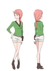  2girls anime_coloring back belt belt_pouch blunt_bangs breasts brown_belt chikyuugai_shounen_shoujo closed_mouth collarbone crossed_ankles from_behind full_body green_shirt hand_on_own_hip highres long_hair long_sleeves looking_to_the_side low_ponytail medium_breasts multiple_girls multiple_views nasa_houston official_art pink_eyes pink_hair ponytail pouch shirt shoes shorts simple_background standing transparent_background white_shorts yoshida_ken&#039;ichi 