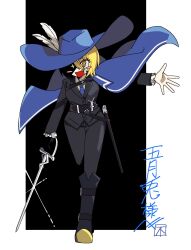  +_+ 1girl :d black_background black_gloves black_jacket black_pants black_shoes blonde_hair blue_cape blue_hat blue_necktie border cape cavalier_hat cinq_association_south_uniform collared_shirt don_quixote_(project_moon) face_in_shadow fang fujiendou full_body gloves hat hat_feather highres holding holding_sword holding_weapon jacket limbus_company looking_at_viewer musketeer necktie pants project_moon rapier shirt shoes short_hair simple_background single_glove smile solo standing sword weapon white_border white_shirt yellow_eyes 