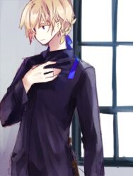  1boy black_shirt blue_bow blue_eyes bow braid closed_mouth commentary_request expressionless hair_bow hand_on_own_chest indoors looking_afar male_focus ragnarok_online royal_guard_(ragnarok_online) shirt short_hair solo wane_(ruki) window 