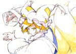  blonde_hair bust colored_pencil_(medium) fighting_stance fox_tail hat mtmy multiple_tails short_hair solo tail touhou traditional_media yakumo_ran yellow_eyes 