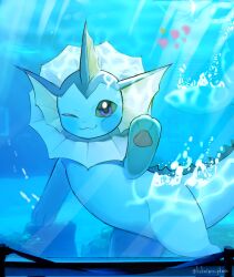  animal_focus aquarium blue_eyes blue_fur blue_sclera cetacean_tail closed_mouth colored_sclera fins fish fish_tail glass head_fins highres hokaimo_pkmn looking_at_viewer luvdisc no_humans one_eye_closed pawpads pokemon pokemon_(creature) pokemon_focus smile tail underwater vaporeon water 