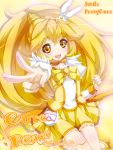  blonde_hair bowtie brooch character_name choker cure_peace dress hair_ornament hairpin jewelry kise_yayoi long_hair magical_girl precure skirt smile smile_precure! solo title_drop v yellow yellow_background yellow_dress yellow_eyes yukinon 