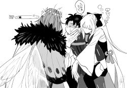  1girl 2boys black_bow black_gloves black_hair bow braid closed_eyes dragonfly_wings fate/grand_order fate_(series) fujimaru_ritsuka_(male) fur_trim gloves hair_between_eyes hair_bow half_up_braid long_hair long_sleeves monochrome morgan_le_fay_(fate) morgan_le_fay_(first_ascension)_(fate) multiple_boys oberon_(fate) oberon_(third_ascension)_(fate) ponytail ryousuke_(tukr5384) short_hair simple_background sleeping very_long_hair white_hair 