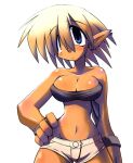  artist_request bare_shoulders blue_eyes breasts cleavage copyright_request hand_on_hip hips impossible_clothes navel pointy_ears short_hair short_shorts shorts simple_background solo sweat tank_top white_background 