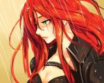  beancurd breasts cleavage green_eyes highres jacket katarina katarina_du_couteau league_of_legends lipstick long_hair makeup profile rain red_hair redhead scar simple_background solo 