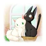  black_cat blush cat couple cuddling fur green_eyes honey-cat jiji_(character) jiji_(majo_no_takkyuubin) lily_(character) lily_(majo_no_takkyuubin) lowres majo_no_takkyuubin no_humans sitting studio_ghibli surprised tail white_cat window 
