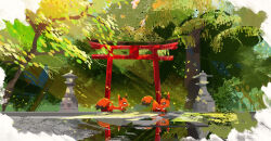  absurdres commentary_request day doorwood from_side highres light_rays looking_back nickit no_humans outdoors pokemon pokemon_(creature) pokemon_focus reflection running standing stone_lantern tree 