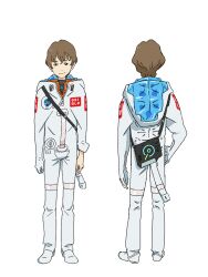  2boys anime_coloring back blue_eyes brown_hair chikyuugai_shounen_shoujo child closed_mouth from_behind full_body grey_shirt hair_between_eyes hand_on_own_hip highres jumpsuit long_sleeves looking_at_viewer multiple_boys multiple_views official_art shirt short_hair simple_background smile spacesuit standing transparent_background tsukuba_taiyou turtleneck turtleneck_shirt white_jumpsuit yoshida_ken&#039;ichi 
