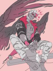  1boy aged_up barefoot bird black_jacket black_wings chest_tattoo dark-skinned_male dark_skin drafterbites earrings english_commentary eyes_visible_through_eyewear heart highres jacket jewelry looking_at_animal male_focus multicolored_jacket one_piece open_clothes open_jacket pants pigeon pink_jacket s-flamingo short_hair sitting sketch smile sunglasses tattoo two-tone_jacket utility_pole white_hair white_pants wings 