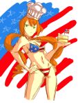  america american_flag american_flag_bikini bikini breasts cake chef_hat flag_print food green_eyes hand_on_hip hat hips kiwi_(artist) long_hair midriff monica_adenauer mound_of_venus navel orange_hair solo swimsuit toque_blanche yakitate!!_japan 