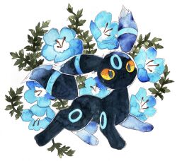  alternate_color black_eyes blue_flower colored_sclera flower highres merino_(merino_9999) no_humans painting_(medium) pokemon pokemon_(creature) pokemon_focus shiny_pokemon simple_background solo traditional_media umbreon white_background yellow_sclera 