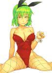  and animal_ears bare_shoulders blush breasts bunny_ears bunny_girl bunnysuit cleavage fishnet_pantyhose fishnets green_hair kazami_yuuka large_breasts leotard pantyhose red_eyes short_hair sitting solo spread_legs thighs touhou wrist_cuffs youkai 