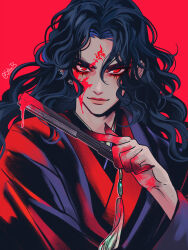  1boy absurdres artist_name bishounen black_hair black_hanfu blood blood_on_face blood_on_hands blood_on_object chinese_clothes closed_mouth curly_hair curtained_hair earrings eyelashes facial_mark folded_fan folding_fan forehead_mark hand_fan hanfu highres holding holding_fan jewelry long_hair long_sleeves looking_at_viewer luo_binghe male_focus multiple_earrings parted_bangs pink_lips portrait red_background red_eyes red_light renzha_fanpai_zijiu_xitong siliceb simple_background slit_pupils smile solo v-shaped_eyebrows wide_sleeves zuiyin 