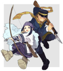  1boy 1girl ainu ainu_clothes arrow_(projectile) asirpa bandana black_hair black_shoes blue_eyes blue_hat boots border bow_(weapon) brown_hair clenched_teeth cloak commentary fur_boots fur_cloak golden_kamuy grey_background half-closed_eyes hat holding holding_arrow holding_bow_(weapon) holding_weapon imperial_japanese_army japanese_clothes kepi kimono knee_boots long_hair military_hat military_uniform moruka_(karupattyo03) open_mouth pelt purple_bandana purple_kimono scar scar_on_face scarf serious shirt shoes short_hair sideburns sidelocks spiky_hair striped_clothes striped_scarf sugimoto_saichi teeth tekunpe v-shaped_eyebrows weapon white_border white_shirt wide_sleeves yellow_kimono yellow_scarf 