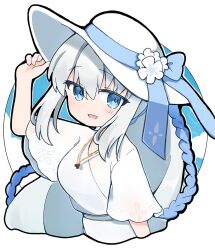  1girl blue_eyes blush fate/grand_order fate_(series) hair_between_eyes hat jewelry long_hair long_sleeves looking_at_viewer morgan_le_fay_(fate) pendant ponytail rabiiandrain simple_background smile solo very_long_hair white_background white_hair white_hat 