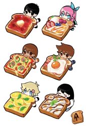  2girls 4boys antenna_hair aubrey_(faraway)_(omori) aubrey_(omori) bacon barefoot basil_(faraway)_(omori) basil_(omori) bell_pepper black_eyes black_hair black_shoes black_socks blonde_hair blue_eyes blue_hairband blueberry bread bread_slice bright_pupils brother_and_sister brothers brown_eyes brown_hair cheese chibi chibi_only chocolate_syrup closed_eyes closed_mouth dark-skinned_male dark_skin double-parted_bangs dress expressionless flower food fried_egg fried_egg_on_toast fruit full_body green_bell_pepper green_shoes hair_behind_ear hair_between_eyes hair_flower hair_ornament hairband hero_(faraway)_(omori) hero_(omori) highres jam kel_(faraway)_(omori) kel_(omori) kneehighs leaf lemon lemon_slice long_dress long_hair looking_at_viewer mari_(omori) mari_(spirit)_(omori) marshmallow multiple_boys multiple_girls omori orange_shoes pepperoni pink_flower pink_hair raspberry roasted_marshmallow shoes short_hair siblings simple_background smile socks something_(omori) spoilers strawberry strawberry_slice sunny_(omori) timaki toast tomato_sauce twitter_username u_u v-shaped_eyebrows very_short_hair white_background white_dress white_pupils white_socks 